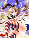  1girl black_panties blonde_hair blush elbow_gloves gloves hairband kantai_collection long_hair looking_at_viewer navel no_shoes panties personification shimakaze_(kantai_collection) skirt solo striped striped_legwear thigh-highs underwear white_gloves yuiyuimoe 