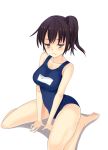  1girl black_hair brown_eyes kaga_(kantai_collection) kantai_collection school_swimsuit short_hair side_ponytail sitting swimsuit wariza yabu_q 