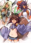  3girls :3 animal_ears armor blonde_hair blue_eyes breasts brown_eyes brown_hair cleavage dark_skin detached_collar flat_chest hair_over_one_eye hairband hat large_breasts leotard long_hair looking_at_viewer midriff multiple_girls navel purple_hair raccoon_ears raccoon_tail shiny shiny_skin sleeves_past_wrists smile tail thigh-highs white_legwear wide_sleeves yuu_(amadoki) 