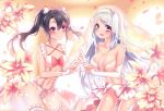  2girls :d black_hair breasts brown_eyes character_request fingerless_gloves gloves hairband kantai_collection large_breasts long_hair multiple_girls navel open_mouth smile sougishi_ego twintails white_hair 