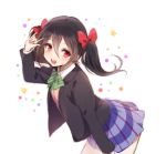  1girl \m/ apfl0515 black_hair blush bow checkered checkered_skirt hair_bow long_hair looking_at_viewer love_live!_school_idol_project open_mouth red_eyes school_uniform skirt smile solo twintails yazawa_nico 