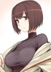  1girl blush breasts brown_eyes brown_hair bust gradient gradient_background hyuuga_(kantai_collection) kantai_collection kumadano large_breasts looking_at_viewer off_shoulder short_hair simple_background solo taut_clothes taut_shirt turtleneck 