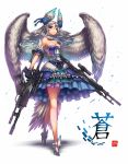  1girl blue_eyes breasts cleavage gia gun highres long_hair original silver_hair solo weapon wings 