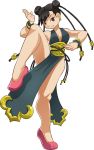  1girl alternate_costume bare_legs brown_eyes brown_hair chun-li double_bun dress earrings fighting_stance halterneck jewelry mario_grant parody sash short_hair solo standing_on_one_leg street_fighter studded_bracelet style_parody wakfu 