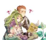  1boy 1girl ? book brown_eyes cape fire_emblem fire_emblem:_kakusei green_hair grego highres indian_style nowi_(fire_emblem) open_book plant pointy_ears ponytail redhead sitting sitting_on_lap sitting_on_person size_difference violet_eyes yachi_kou 