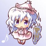  1girl chibi hat instrument looking_at_viewer lowres merlin_prismriver musical_note open_mouth purple_hair ryogo solo touhou trumpet violet_eyes 