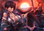  1girl arrow blush bow_(weapon) breasts brown_eyes brown_hair cleavage highres japanese_clothes kaga_(aircraft_carrier) kaga_(kantai_collection) kantai_collection large_breasts looking_at_viewer personification rising_sun side_ponytail silly_(marinkomoe) solo thigh-highs water weapon 