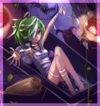  1girl bandages bangs bat border broom coffin collarbone duel_monster green_eyes green_hair hair_ornament hairband halloween leaf looking_at_viewer no_panties open_mouth outstretched_arms payot pillow ponytail pumpkin purple_border solo spread_arms sukumo_(kemutai) vines wynn yuu-gi-ou 