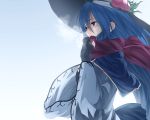  1girl black_gloves blue_hair bust fingerless_gloves food fruit gloves hat hinanawi_tenshi ibuki_notsu long_hair long_sleeves peach red_eyes scarf shirt solo touhou very_long_hair wide_sleeves 