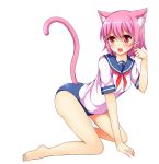  1girl all_fours animal_ears blush cat_ears cat_tail d-savio kantai_collection open_mouth paw_pose pink_hair red_eyes school_swimsuit school_uniform serafuku short_hair smile solo swimsuit tail 