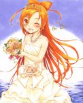  1girl bare_shoulders blush bouquet cure_sunny dress earrings eyelashes flower hair_bun hair_ribbon happy hino_akane jewelry looking_at_viewer magical_girl one_eye_closed open_mouth orange_eyes orange_hair precure princess_form_(smile_precure!) ribbon smile smile_precure! solo standing tagme tiara watayuki white_dress wink 