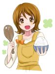  1girl blush brown_eyes brown_hair happinesscharge_precure! marblewars oomori_yuuko open_mouth overalls precure rice_bowl rice_spoon smile solo 