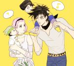  1girl 3boys black_hair carrying father_and_son ginmu green_hair higashikata_jousuke jojo_no_kimyou_na_bouken joseph_joestar_(young) kishibe_rohan multiple_boys one_eye_closed pink_hair pompadour shoulder_carry sugimoto_reimi 