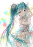  1girl aqua_eyes aqua_hair hajida hatsune_miku long_hair scrunchie see-through skirt solo twintails very_long_hair vocaloid 