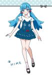  1girl alternate_hairstyle blue_dress blue_eyes blue_hair character_name dress english eyelashes fashion hair_ornament happinesscharge_precure! happy kagami_chihiro long_hair looking_at_viewer precure ribbon shirayuki_hime shoes smile socks solo standing twintails white_background 