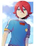  1boy clouds green_eyes inazuma_eleven inazuma_eleven_(series) inazuma_japan kiyama_hiroto lightning_bolt male mizuhara_aki redhead short_hair sky soccer_uniform solo sportswear 