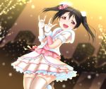 1girl \m/ black_hair blush bow double_\m/ hair_bow jumping looking_at_viewer love_live!_school_idol_project nico_nico_nii open_mouth red_eyes satou_kuuki short_hair skirt smile solo thigh-highs twintails yazawa_nico 