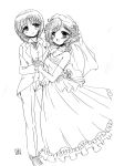  2girls akiyama_yukari artist_name blazer blush dress flower girls_und_panzer hair_flower hair_ornament highres holding_hands kamihara_mizuki looking_at_viewer monochrome multiple_girls necktie nishizumi_miho open_mouth pants short_hair signature sketch smile standing tuxedo vest wedding_dress 