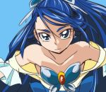  1girl bare_shoulders blue blue_background blue_eyes blue_hair cure_aqua dress earrings eyelashes hair_ornament jewelry looking_at_viewer magical_girl manji_(tenketsu) minazuki_karen ponytail precure serious simple_background sketch solo source_request yes!_precure_5 