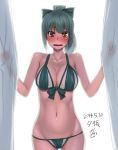  1girl bare_shoulders bikini blush bow breasts brown_eyes cleavage curtains front-tie_bikini green_bikini grey_hair h_kasei hair_bow kantai_collection looking_at_viewer midriff navel open_mouth personification ponytail solo swimsuit yuubari_(kantai_collection) 
