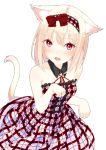  1girl 96tuki animal_ears bare_shoulders blonde_hair bow cat_ears cat_tail collarbone detached_collar dress fang frills hair_bow hairband looking_at_viewer open_mouth original paw_pose short_hair simple_background solo standing tail violet_eyes white_background 