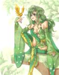  1girl bird breasts bridal_gauntlets cape circlet claireroses cleavage detached_sleeves earrings final_fantasy final_fantasy_iv green_hair highres jewelry leaf long_hair open_mouth rydia sitting smile solo thigh-highs wide_sleeves 