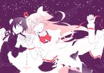  2girls akemi_homura black_hair black_legwear bow closed_eyes dated dress funeral_dress gloves goddess_madoka hair_bow hairband kaname_madoka long_hair looking_at_another mahou_shoujo_madoka_magica mahou_shoujo_madoka_magica_movie multiple_girls pink_hair pinky_swear school_uniform short_hair short_twintails signature skirt sky smile sorato_(astllatte) spoilers star_(sky) starry_sky twintails two_side_up white_gloves 