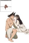  1boy 1girl barefoot black_hair chichi dragon_ball harumaki hetero holding_hands long_hair nude one_knee sitting son_gokuu 