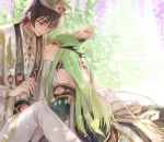  1boy 1girl bare_shoulders black_hair breasts c.c. code_geass couple creayus dated dress eye_contact green_hair grin hair_ornament hat holding_hands lelouch_lamperouge long_hair looking_at_another short_hair smile violet_eyes yellow_eyes 