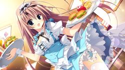  1girl blue_eyes blush breasts brown_hair dutch_angle food fries frills game_cg hamburger inugami_kira long_hair looking_at_viewer majo_koi_nikki open_mouth smile solo thigh-highs tray waitress 