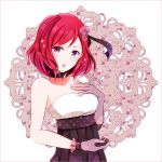  1girl blush collar dress flower gloves hair_flower hair_ornament hand_on_own_chest lace looking_at_viewer love_live!_school_idol_project nishikino_maki open_mouth redhead rose short_hair solo strapless_dress violet_eyes yugamu_neiro 