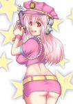  1girl ass blush breasts butt_crack deni_m gun headphones large_breasts long_hair looking_at_viewer miniskirt nitroplus no_panties open_mouth pink_hair pistol police police_uniform red_eyes skirt smile solo space_invaders super_sonico trigger_discipline uniform weapon 