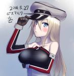  1girl bare_shoulders bismarck_(kantai_collection) blonde_hair blue_eyes elbow_gloves gloves h_kasei hat kantai_collection long_hair personification solo 