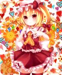  1girl ascot bell blonde_hair blush bow choker cowboy_shot finger_to_face flandre_scarlet floral_background frilled_skirt frills frown hair_bow hat hat_ribbon heart heart_background highres jingle_bell looking_at_viewer mob_cap red_eyes red_legwear ribbon rinne_(kouheiramia) short_hair short_sleeves side_ponytail skirt skirt_set solo spread_fingers thigh-highs touhou white_background wings zettai_ryouiki 