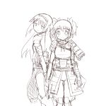  2girls akemi_homura alternate_costume armor bow hair_bow hairband kaname_madoka long_hair looking_at_another looking_at_viewer mahou_shoujo_madoka_magica monochrome multiple_girls oman_(evld) samurai_armor short_hair short_twintails simple_background smile twintails white_background 