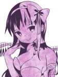  1girl akemi_homura akuma_homura bare_shoulders black_hair bow breasts choker cleavage dress elbow_gloves feathered_wings gloves hair_bow large_breasts long_hair looking_at_viewer mahou_shoujo_madoka_magica mahou_shoujo_madoka_magica_movie monochrome nasunoko playing_with_own_hair simple_background smile solo spoilers white_background wings 