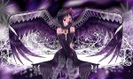  1girl akemi_homura akuma_homura argyle argyle_legwear bare_shoulders black_hair bow choker covering_mouth dress elbow_gloves feathered_wings gloves hair_bow hand_over_own_mouth hand_to_own_mouth highres long_hair looking_at_viewer mahou_shoujo_madoka_magica mahou_shoujo_madoka_magica_movie sitting smile solo spoilers thigh-highs violet_eyes wings 