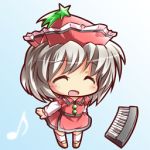  1girl chibi closed_eyes hat instrument keyboard_(instrument) looking_at_viewer lowres lyrica_prismriver musical_note open_mouth ryogo shooting_star solo star touhou 
