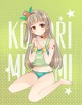  1girl barefoot blush bow breasts brown_hair cleavage earrings flower hair_bow hair_flower hair_ornament half_updo heart jewelry long_hair looking_at_viewer lostsummernotes love_live!_school_idol_project midriff minami_kotori nail_polish navel necklace side_ponytail smile solo tattoo yellow_eyes 