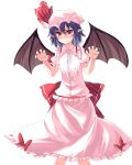  1girl bat_wings blue_hair hat hat_ribbon highres ibuki_notsu looking_at_viewer mob_cap pink_eyes pointy_ears puffy_short_sleeves puffy_sleeves red_eyes remilia_scarlet ribbon sash short_sleeves solo tears touhou wings 