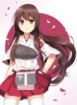  1girl akagi_(kantai_collection) brown_eyes brown_hair highres japanese_clothes kantai_collection long_hair muneate personification smile solo thigh-highs uiroutsuji_yumihiko 