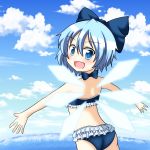 1girl :d alternate_costume beach bikini blue_eyes blue_hair blue_sky blush bow bowtie cirno fang frilled_bikini frills glowing glowing_wings hair_bow highres ice ice_wings looking_at_viewer looking_back ocean open_mouth outstretched_arms short_hair sky smile solo swimsuit touhou tsurime wings yuutamiitan 