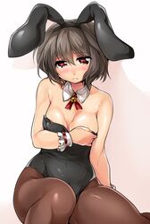  1girl animal_ears black_hair breasts bunnysuit cleavage detached_collar original pantyhose rabbit_ears red_eyes ribbon ruri_rarako short_hair wrist_cuffs 