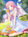  1girl :d bow breasts casual cleavage dress flower hair_bow hair_ribbon holding ilog long_hair looking_at_viewer occhan_(artist) official_art open_mouth pink_hair rainbow ribbon sitting smile solo tagme twintails white_dress 