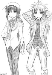  2boys akemi_homura alternate_hairstyle black_hair boots bow genderswap hair_bow hairband hand_in_pocket long_hair looking_at_viewer magical_girl mahou_shoujo_madoka_magica male monochrome mouth_hold multiple_boys necktie pocky ponytail sakura_kyouko sakusyaretsuden signature simple_background white_background 