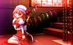  1girl ascot blonde_hair blood fang flandre_scarlet gradient gradient_background hat hatomura_(tareneko_club) head_tilt highres holding laevatein open_mouth red_eyes side_ponytail sitting smile solo stairs tagme touhou wings wristband 