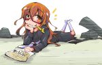  1girl :3 brown_eyes brown_hair crescent eating glasses kantai_collection long_hair lying mochizuki_(kantai_collection) rimless_glasses school_uniform serafuku shinapuu smile snack solo tagme translation_request 