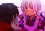  1boy 1girl black_hair hand_on_another&#039;s_face kagerou_project kisaragi_shintarou kozakura_mary looking_at_another monaco0704 red_eyes scales silver_hair spoilers tears 