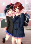 2girls ;d bag black_hair blush bow coat hair_bow hand_in_pocket heart kazuharu_kina kneehighs loafers looking_at_viewer love_live!_school_idol_project multiple_girls nishikino_maki one_eye_closed open_mouth plaid plaid_scarf revision scarf school_bag school_uniform shared_scarf shoes short_hair skirt smile twintails valentine violet_eyes wavy_mouth wink yazawa_nico 