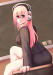  1girl chalkboard classroom classroom_eraser deni_m glasses headphones highres long_hair looking_at_viewer nitroplus pink_hair red_eyes sitting_on_desk smile solo super_sonico teacher 